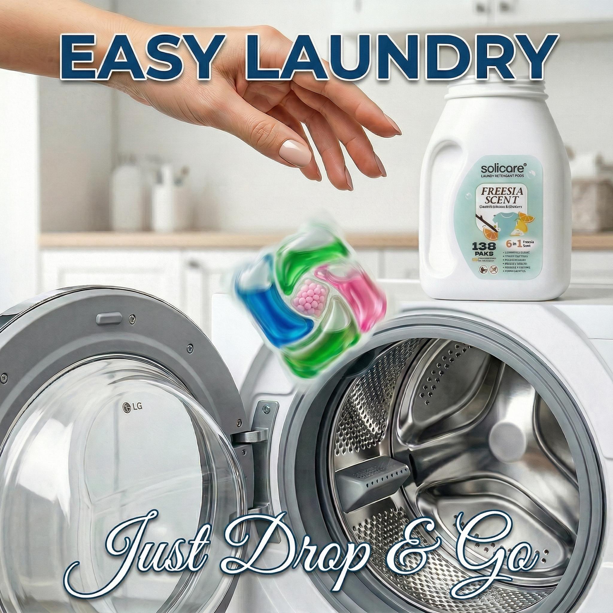 Z-Solicare-Fresh Freesia 6 in 1 Stain Fighting Odor Eliminating Ocean Breeze 138 Paks Multi-Chamber HE Compatible Laundry Detergent Pods for All Washing Machines