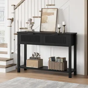 43" Black Farmhouse Fluted Entryway Console Table with 2 Drawers, 2-Tier Wooden Storage Sofa Table for Living Room & Foyer