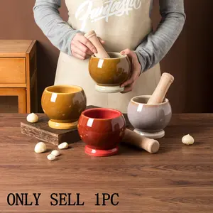 Ceramic Garlic Masher with Wooden Pestle, Japanese Mortar and Pestle, Durable Kitchen Grind Tool, Easy to Clean, Home Use
