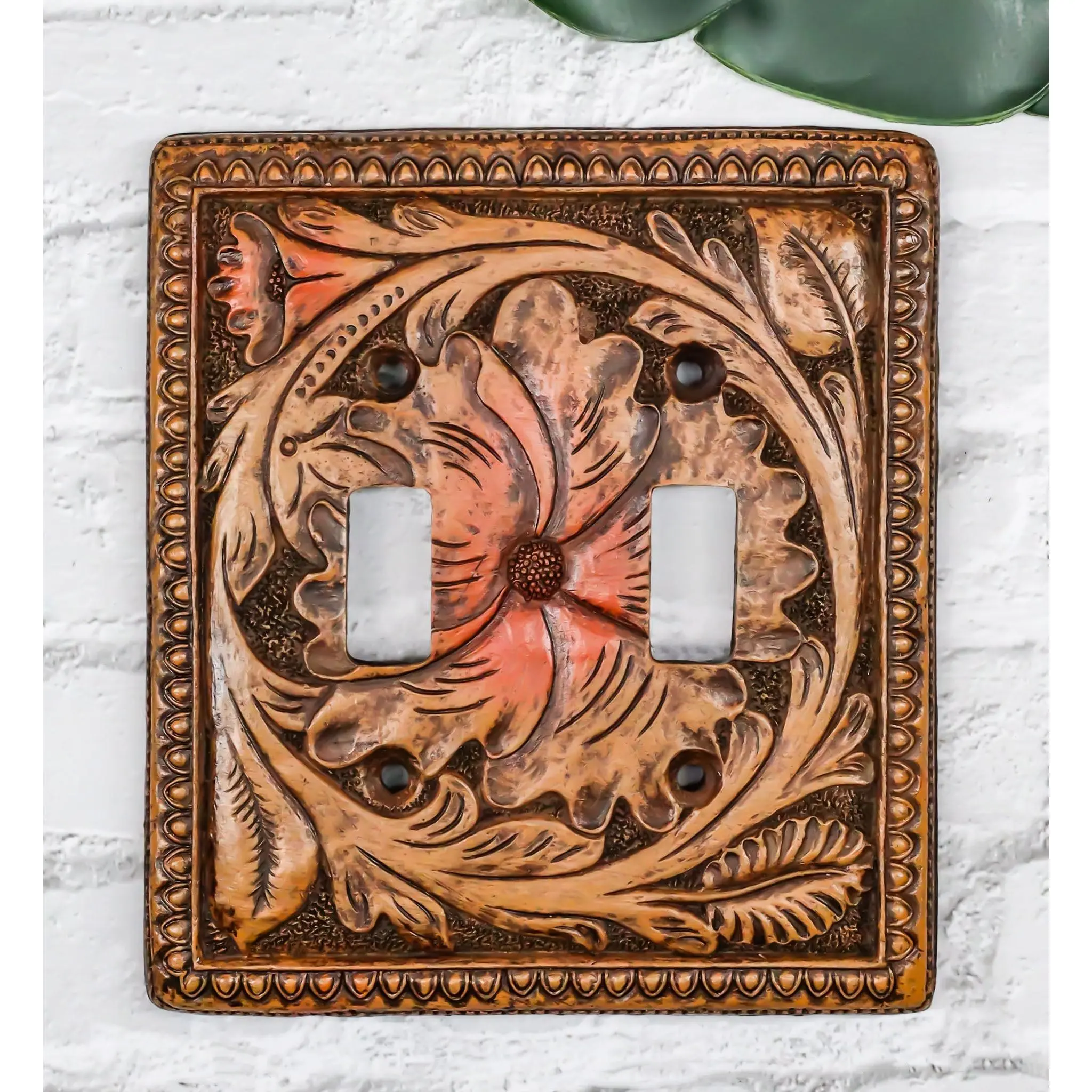 Set of 2 Western Tooled Floral Lace Faux Wood Wall Double Toggle Switch Plates