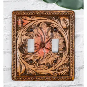 Set of 2 Western Tooled Floral Lace Faux Wood Wall Double Toggle Switch Plates