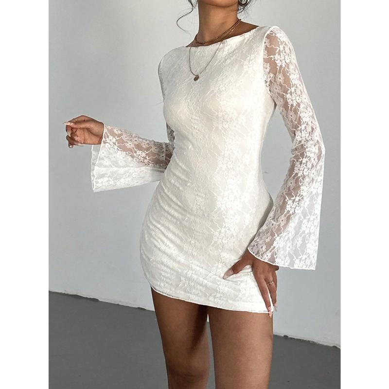 Women's Elegant Lace Backless Tie-Up Long Sleeve Mini Dress,White Graduation Dress