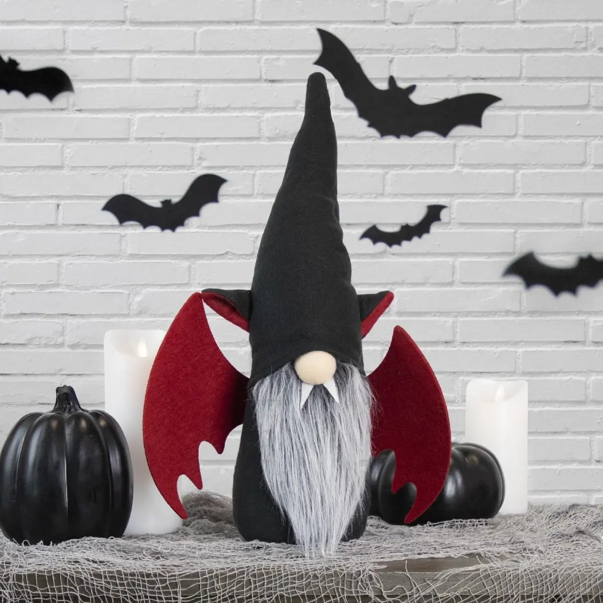 212 MAIN 18 in. Soft Synthetic Standing Male Halloween Gnome with Stand - Black & Red, Bat Wings, Felt Decorative Hat, Devilish Long Beard, 4 lbs Foam Collectible Figurine, Festive Home Supplies Figurines, Statues & Bobbleheads