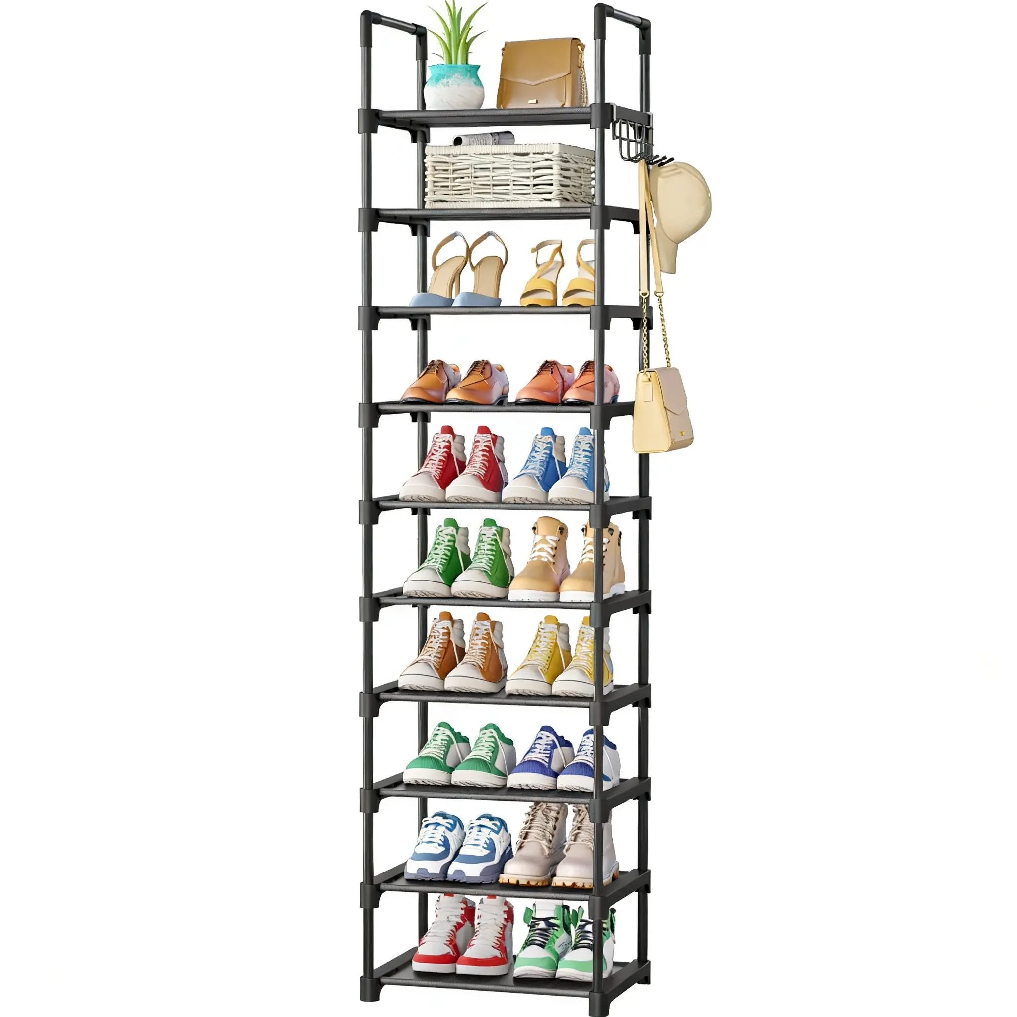 Kitsure 10-Tier Shoe Rack Black Metal Narrow Tall Shoe Shelf Space Saving Vertical Shoe Organizer with Side Hooks for Entryway Closet Bedroom