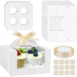 12 count White Cupcake Boxes 4 Cavity Cookie  Boxes with Clear PVC Display Window Portable Paper with Silk Ribbon and Thank You Stickers for Bakery Weddings Party Parties Holidays and  Occasions