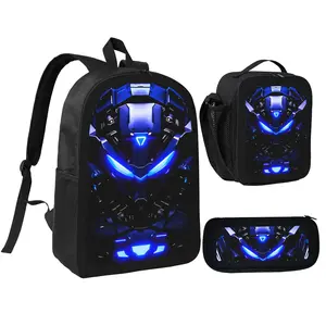Mechanical Robot 2D Print 3-Piece School Backpack Set for Kids Boys Students, Casual Geometric Design All Seasons Shoulder Daypack with Lunch Bag & Pencil Case, Lightweight Durable Bag for Daily Campus & Outdoor Use