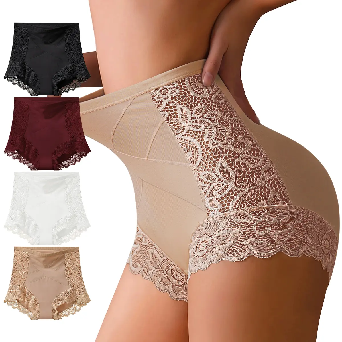 QUASTI 4Pcs Women's High Waist Crossover Briefs ( Mix Color), Belly Control Body Shaping Underwear, Delicate Lace Side Panels, Soft Stretch Poly Blend Fabric, Full Coverage Smoothing Design, Comfortable Support for Day Wear, S-XXL