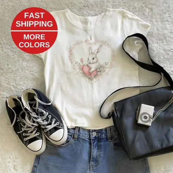 Vintage Rabbit Baby Tee, Coquette Clothing, Y2k Bunny Shirt, Aesthetic Cropped Tee, Coquette Fitted Graphic Tees, Clean Girl BabyTee, Soft Girl Aesthetic, Summer Crop Top, Coquette Top For Girl And Women, Girl Gift Apparel, Gift For Her, Gift For Mom