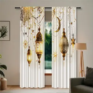 2pcs high-definition digital printed Ramadan Eid decoration curtains, made of polyester material. Translucent privacy protection, fade resistant, hand washable, machine washable, pole bag hanging, suitable for bedroom and living room decoration, home deco