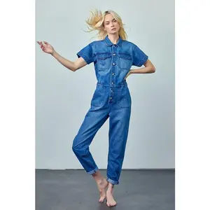 Denim Lab USA Collared Button Front Denim Jumpsuit