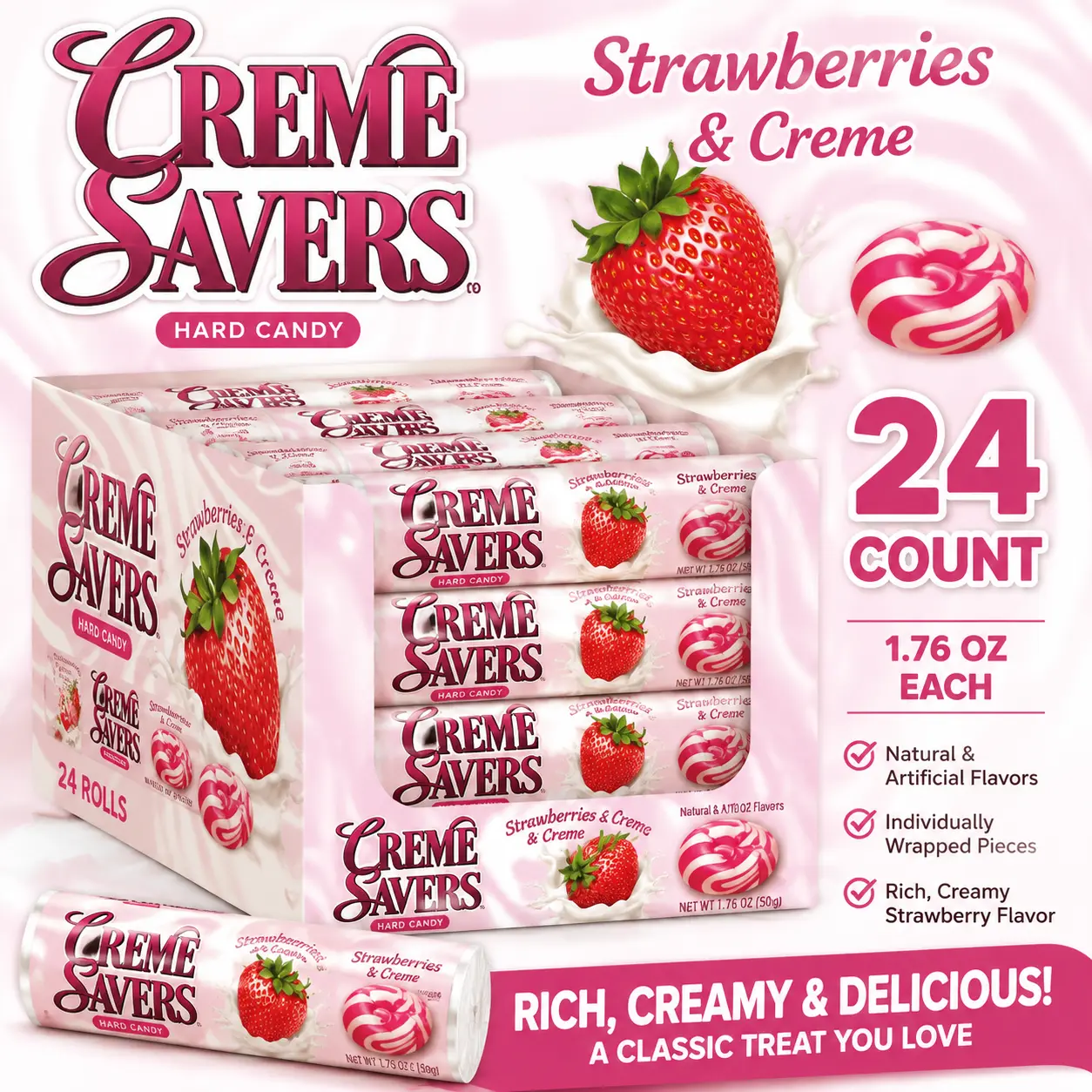 Creme Savers Strawberries & Creme Hard Candy 1.76 oz 24 Count  Classic Strawberry Cream Candy Rolls | Individually Wrapped Retro Treats