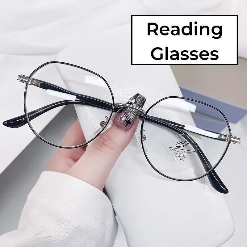 Fashion Metal Large Frame Reading Glasses Women High Definition Anti-blue Presbyopia Eyewear Anti-reflective Hyperopia Glasses