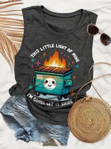 Cartoon Style Trash Bin Flame Print Sleeveless Round Neck Knit Vest, Casual and Fitted for All Seasons, Perfect for Fun, Casual Everyday Wear, Tops, Womenswear