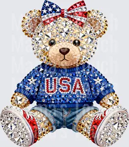 Patriotic Rhinestone Teddy Bear with USA Sweater and American Flag Bow