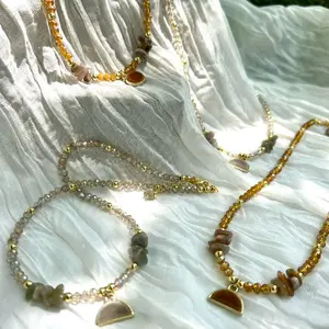 Natural Stone Beaded Charm Necklace 14K Gold Plated Elegant Jewelry for Stylish Accessories Adjustable 14”-16” Adult Fashion Accessory