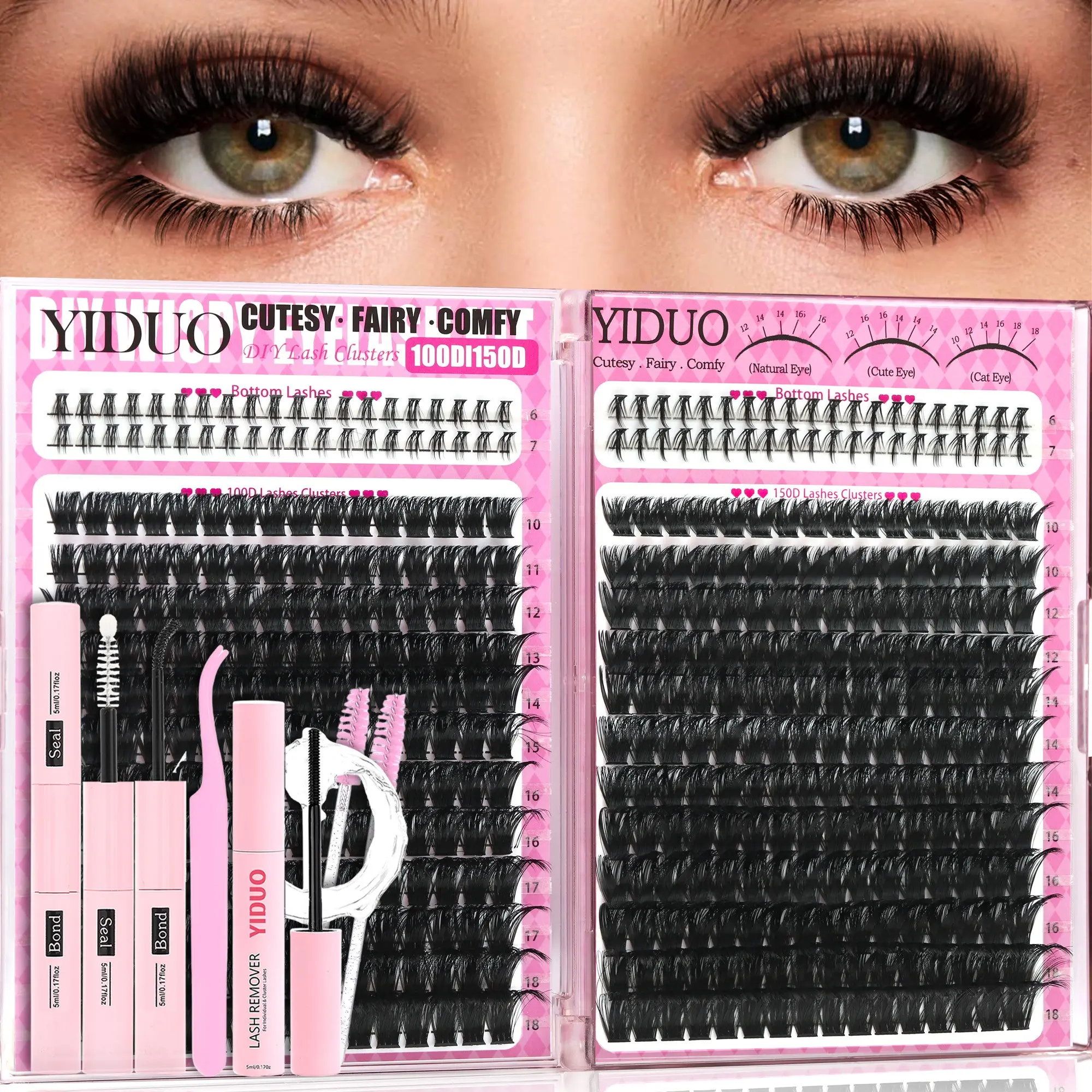 Eyelash Cluster Kit | 3 Styles: 100D, 150D & Bottom Lashes | 6–18mm D-Curvature Individual Lash Extension Kit With Lash Bond and Seal, Remover, Tweezers & Eyelash Brush | Easy DIY Lash Spikes at Home | Eyelash Glue Tweezers