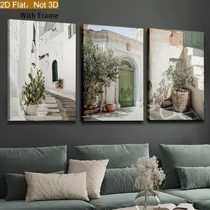 2D canvas, 3-piece set of modern bohemian style green olive tree canvas wall art - framed, vertical design, suitable for living room decoration