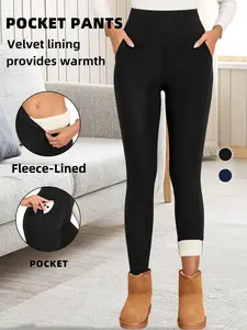 Women's Winter Fleece Lined Skinny Pants, High Waist Warm Thermal Inner Liner, Side Pockets, Casual Minimalist Fashion, Fall & Winter Wear