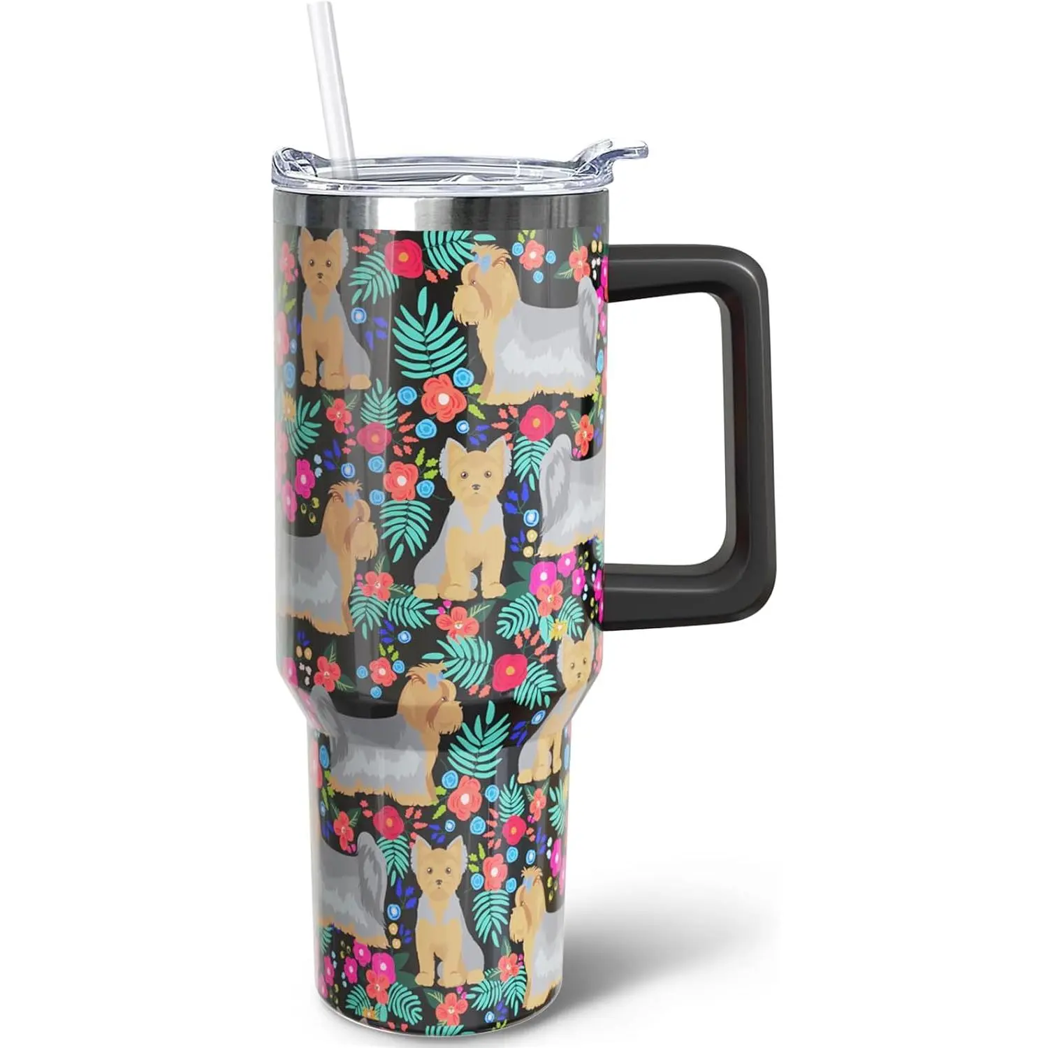 40 oz Insulated Stainless Steel Tumbler Mug - Vacuum Insulation Coffee Flask with Exquisite Yorkie Animal Patterns, Handle, Lid, Straw, Casual Thanksgiving Drinkware, Ideal Birthday Gift for Yorkie Lovers