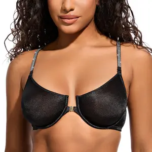 WingsLove Women's Front-Closure Lace Bra with Shine Straps Unlined Cups Underwire Support & Free Silicone Nipple Covers Extra Straps Included