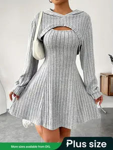 [Plus Size] Two-piece Set Solid Ribbed Crop Hoodie & Tank Dress Set, Casual Chic Bishop Sleeve Hooded Sweatshirt & Short Dress, Women's Spring & Fall Clothes
