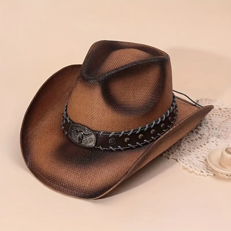 Retro Woven Paper Cowboy Hat for Outdoor Wear, Unisex Breathable Hat with Detachable Buckle Band, 22.83-23.62 in, Detachable Band, Retro Look