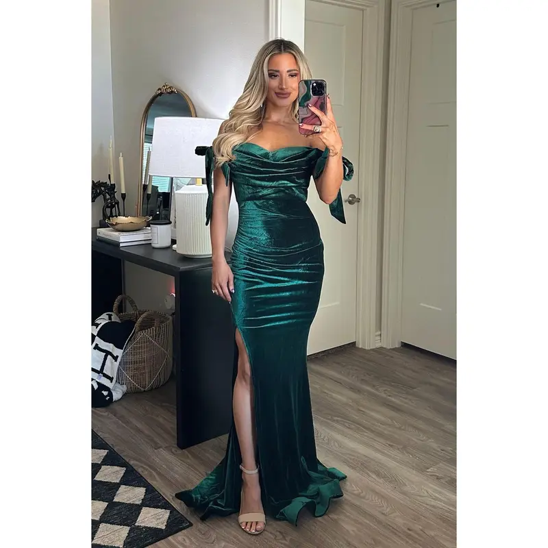 Marley Velvet Off Shoulder Bow Maxi Dress: Emerald