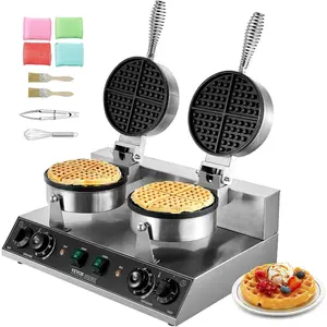 VEVOR Commercial Waffle Maker, Dual-Head Round Waffle Baker Machine, 2460W Non-Stick Stainless Steel Belgian Waffle Iron with Temp and Time Control, Handle, for Restaurant Bakery Snack Bar Family