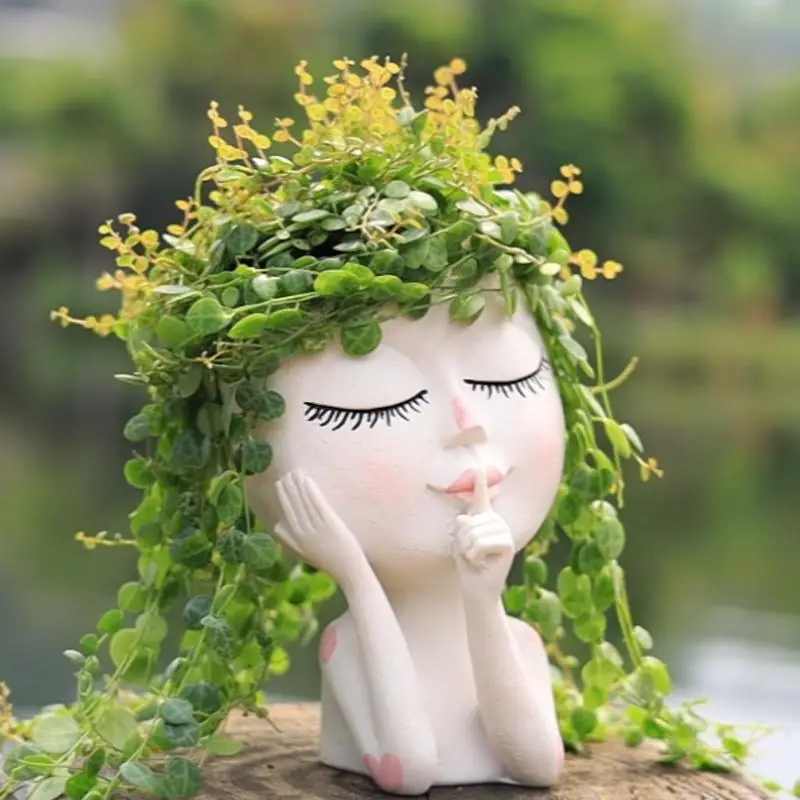 Cute Girl Design Flower Pot, Resin Flower Pot with Drainage Hole, Decorative Plant Pot for Home Garden, Garden Supplies