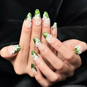FloraNails |   F013 |   Medium Almond |   Handmade Press-On Nails 10PCS |   Acrylic, Reusable, Salon-Quality, Long-Lasting, Glossy Design