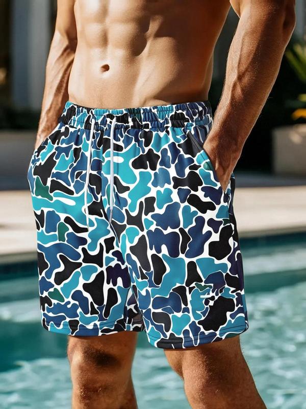 Men's Regular Fit Camo Print Drawstring Waist Beach Shorts, Camo Swim Trunks, Casual Comfy Breathable Swim Shorts for Summer, Men's Shorts for Beach Vacation