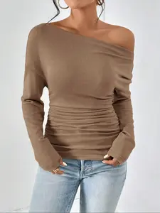 Women's Plain Ruched Off Shoulder Tee, Casual Asymmetrical Long Sleeve T-shirt for Spring & Fall, Women's Clothing for Daily Wear