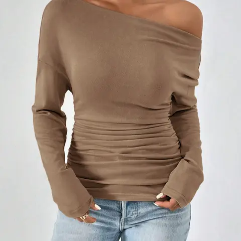 Women's Plain Ruched Off Shoulder Knit Tee Fabric, Casual Knitted Asymmetrical Long Sleeve T-shirt for Spring & Fall, Women's Clothing for Daily Wear Knitwear, Fit, Womenswear, Everyday Tops