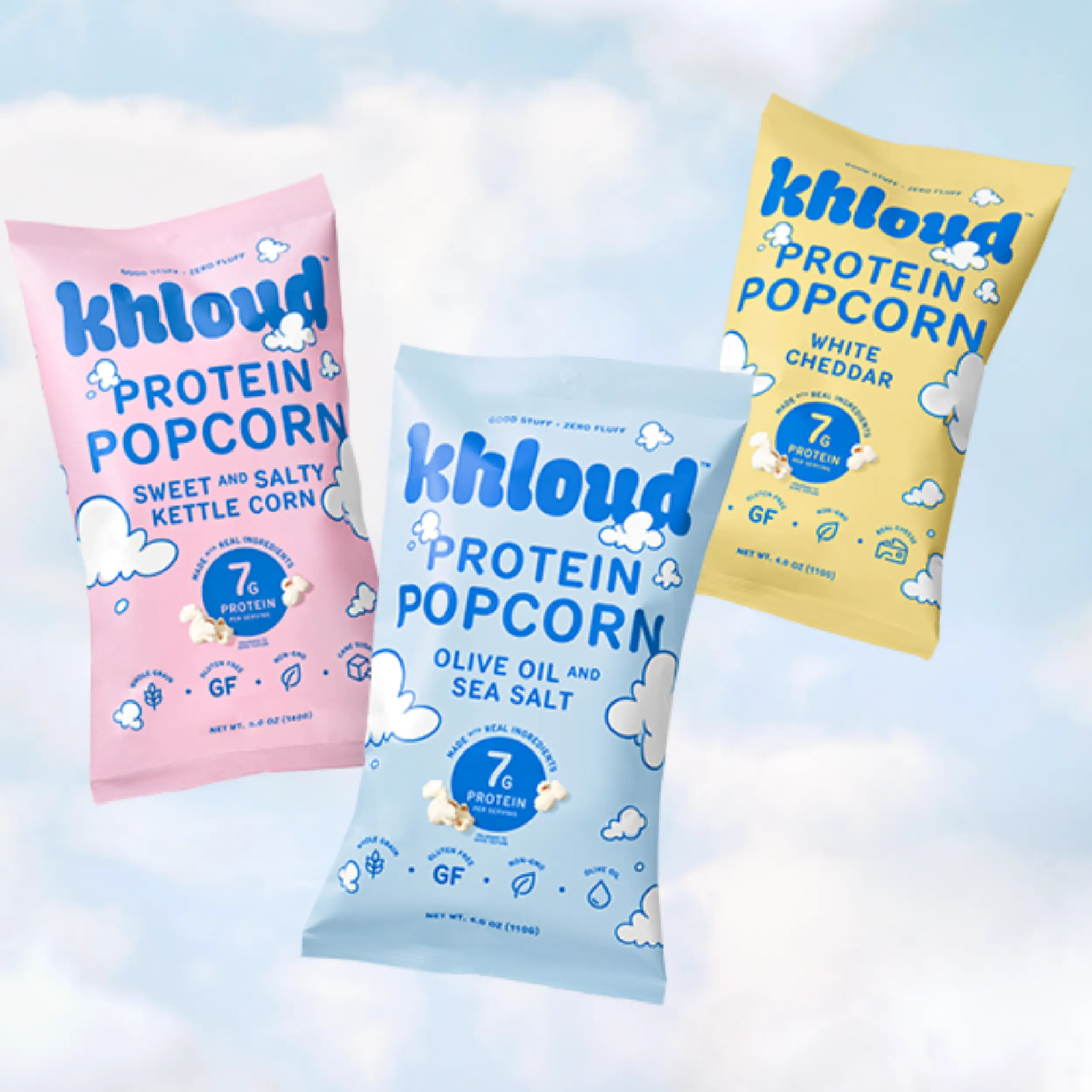 Variety Pack Khloud Protein Popcorn by Khloe Kardashian | Olive Oil Sea Salt | Sweet Salty Kettle Corn | White Cheddar | 7g of Protein Per Serving | No Seed Oils | Gluten-Free | Available in 6pk