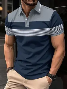Men's Solid Color Contrast Short Sleeve Polo Shirt, Summer Striped Collar Paul Shirt, Business Casual Top, Slim-Fitting, Organic Textile