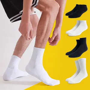 Premium Cotton Sports Socks for Men & Women |   Thick Terry Cushioned Solid White/Black Crew Socks - Stay-Put Cuffs for Running & Basketball