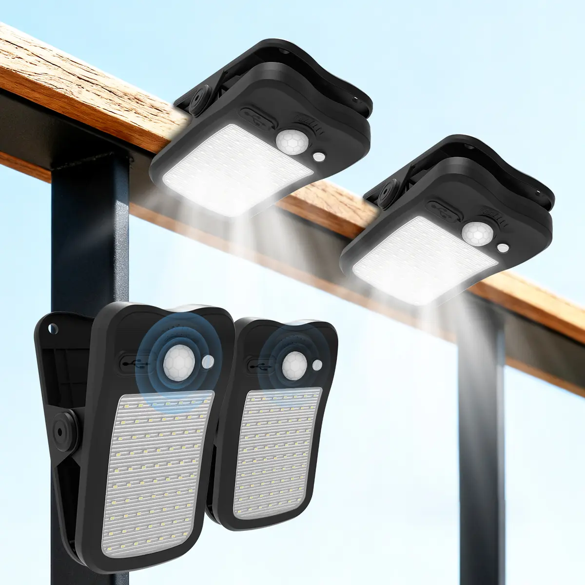 Solar LED Clip-On Motion Sensor Security Light - 800LM, 3 Modes, USB Charging, IP65 Waterproof, 26ft Coverage, Batteries Included, Always On Mode, Cool White, ABS+PC Body for Tough Use, for Fence, Damp Terraces