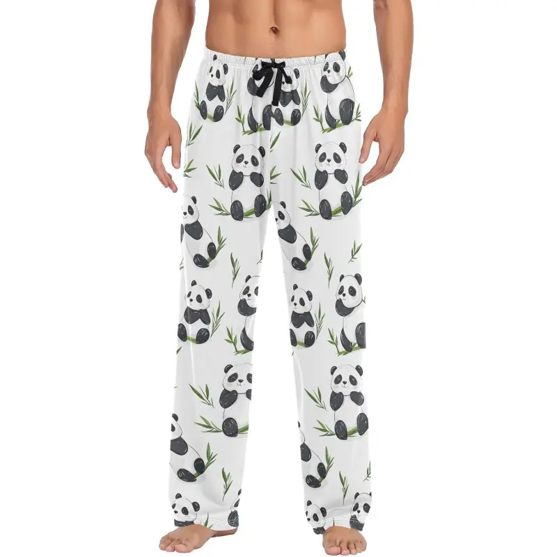 Men's Pajama Pants Pandas Leaves Sleep Bottoms Lounge Sleepwear with Pockets Drawstring
