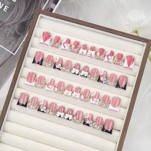 Delicatething Y2K Style Nail Set, Handmade French Design with Rhinestones, Nail Art Design, Includes Jelly Glue, Crystal Stick, File, Perfect Gift for Women