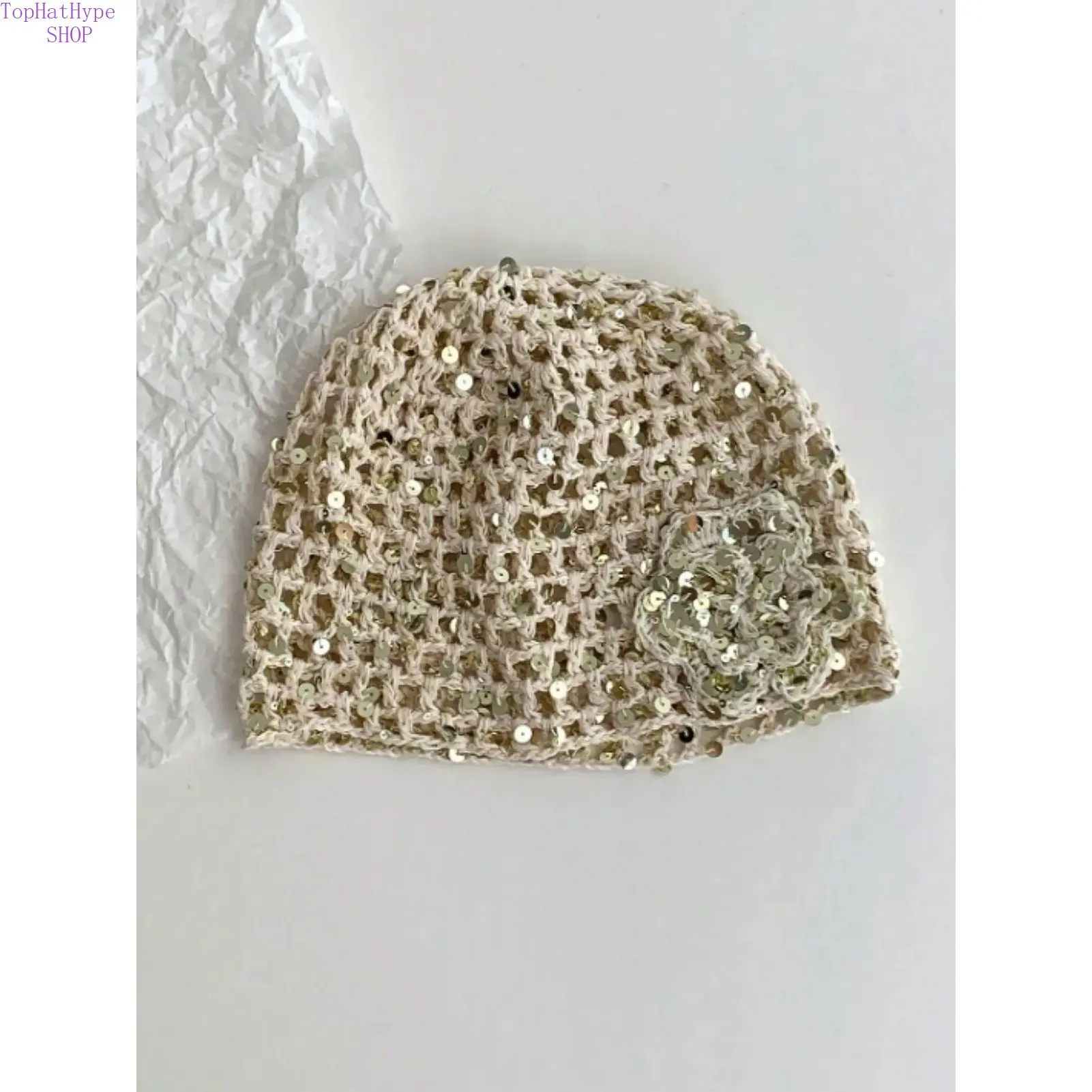 Women's Hollow-Out Knitted Cap - Breathable Beanie Hat, Retro Hand-Woven Lightweight Brimless Loose-Fit Fishnet Mesh Headwear with Sequin & Sweet Lace Details, Macaron Color Cute Beanie, Versatile Fashion Accessory for Spring, Summer, Autumn