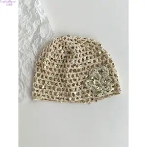 Hollow-Out Knit Beanie for Women, Retro Hand-Woven Lightweight Brimless Cap, Loose-Fit Fishnet Mesh Hat with Sequin Detail, Macaron Color, Sweet Lace Design, Versatile Fashion Accessory for Spring, Summer, and Autumn Wear