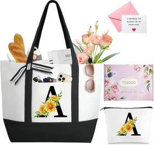 Christmas Sunflower Gifts, Personalized Floral Initial Tote Bag for Women, Canvas Tote Bag with Makeup Bag and Greeting Card and Gift Box Canvas