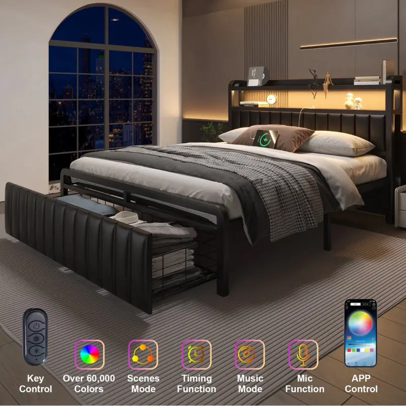 Full Queen Metal Bed Frame with Storage Drawers & Upholstered Storage Headboard