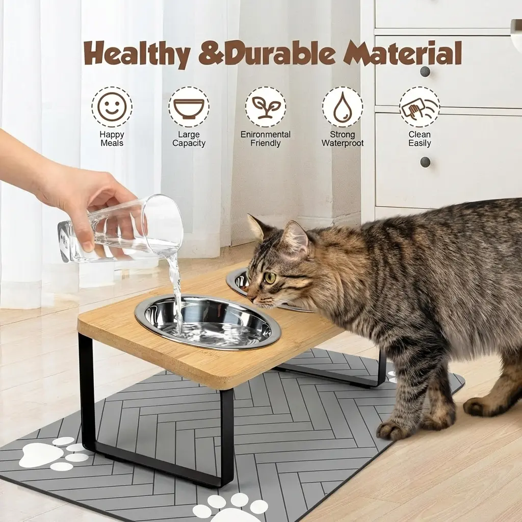 Elevated Cat Bowls with Ceramic or Stainless Steel Options| 15 Tilted  Raised Feeder for Neck Health & Digestion| Modern Bamboo Stand| Aesthetic  Whisker-Friendly Food Bowls for Cats & Small Dogs,cat dish -