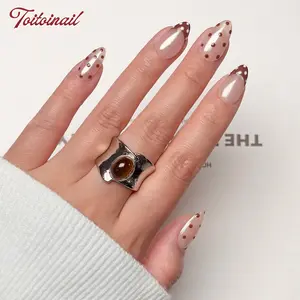Mocha Dots Handmade Press-On Nails | Short Almond Shape, 10pcs | Sheer Nude Brown French Polka Dot | Retro Aesthetic | For Daily, Office, Date, Vacation, OOTD | High Gloss, Long Lasting, Reusable, Handmade DIY Nail Art