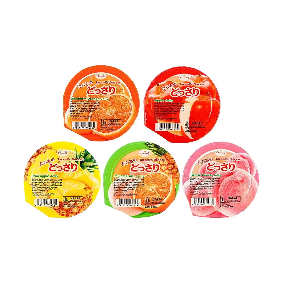 TARAMI Japanese Fruit Jelly Assortment - 5 Flavors (White Peach, Orange, Pineapple, Apple, Mixed Fruit) - 230g x 5 Packs - Real Fruit Pieces, Refreshing & Not Too Sweet