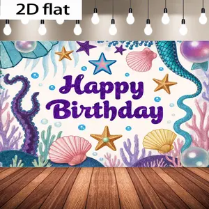 Underwater Theme Birthday Banner, Decorated with Starfish, Shells, Mermaid Tail, Colorful Coral, Light Blue Background, Magical Celebration Card