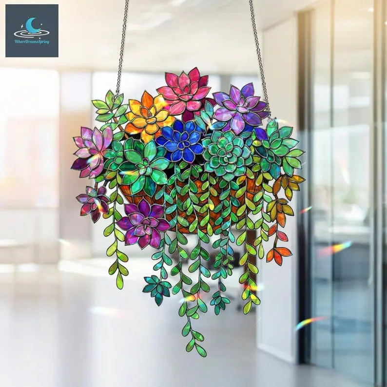 Succulent Suncatcher, Acrylic Style Window Hanging, Rainbow Botanical Window Decor, Plant Lover Gift
