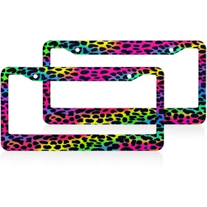 Neon Leopard Print License Plate Frames 2 Packs Aluminum Car Tag Cover Holder 12.2x6.3 Inch Auto Parts Decoration with Screws ﻿