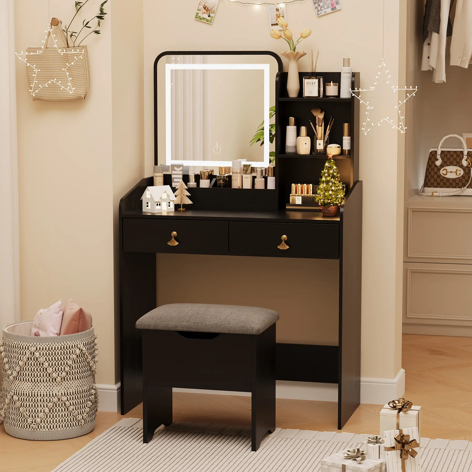 Vanity Desk w/ LED Light Mirror and Charging Station, Small Makeup Vanities Set with 2 Drawers & Open Shelf Storage Stool for Girls, Women